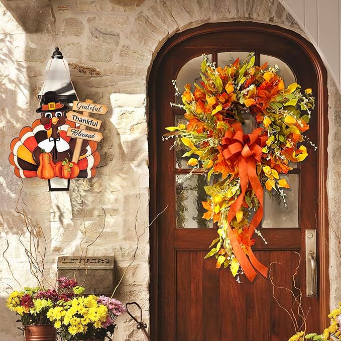 Thanksgiving Decoration Wooden Turkey Pumpkin Door Wreath for Front Door Sign Wall Signs, Thankful Blessed Grateful Pumpkin Sign Hanging for Fall Autumn Harvest Home Halloween Decoration