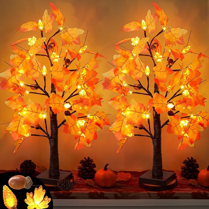 2 Pack 24 Inch Prelit Fall Maple Tree Fall Decorations for Home with 48 LEDs Battery Operated Timer Lighted Acorn Maple Tabletop Light Up Tree for Office Fall Decor Thanksgiving Decorations Indoor