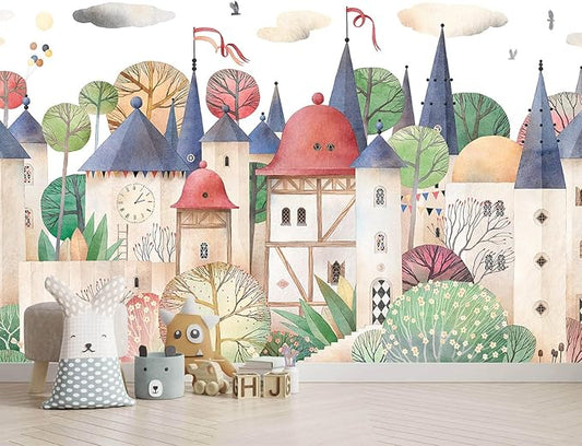 AFZEVEB-Cartoon Watercolor House Nursery Wallpaper Wall murals for Kids Room 159"x107" (Not Peel and Stick)