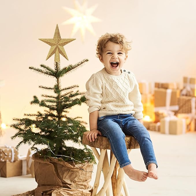 Christmas Tree Topper, 1PCS 4" Gold Glitter Star Tree Topper, 3D Xmas Shatter-Proof Mini Bethlehem Star Tree Topper Decorations, Waterproof Christmas Decor for Holiday Home Outdoor Ornament