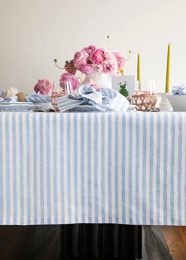 Solino Home Linen Tablecloth 60 x 120 Inch - Amalfi Stripe 100% Pure Linen Sky Blue and White Table Cloth for Rectangle Tables - Machine Washable Tablecloth