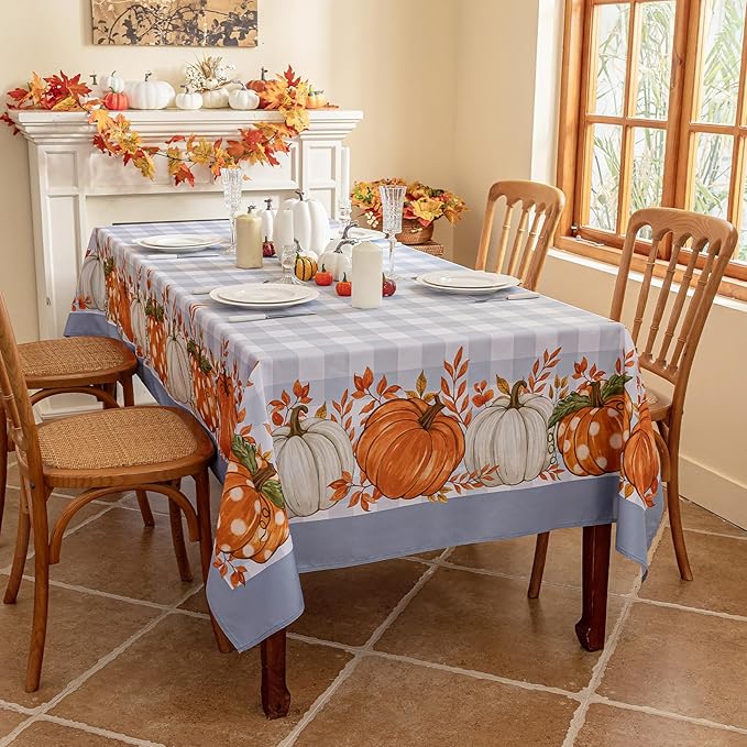 Romanstile Fall Tablecloth Rectangle, Thanksgiving Autumn Harvest Pumpkin Buffalo Plaid Table Cloth, Stain Resistant Washable Table Cover for Party/Dining/Holiday- Grey Blue Checkered, 60x 84 Inch