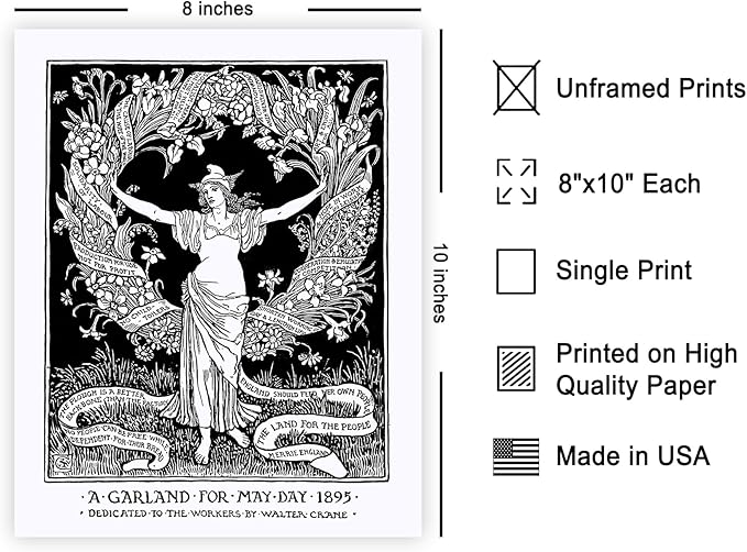 Poster Master Vintage Walter Crane Poster - Retro A Garland for May Day Print - Socialist Art - Gift for Him, Her, Men, Women - Wall Decor for Home, Office, Living Room - 8x10 UNFRAMED Wall Art