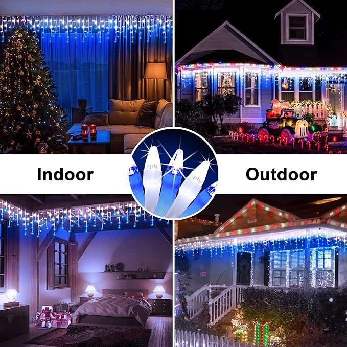 66FT 666 LED Outdoor Christmas Lights - 148 Ice Drops, 12 Pro Modes with Timer Memory & Brightness, Waterproof Hanging Ice String Light for Holiday Wedding Garden Fence House Decor (White & Blue)
