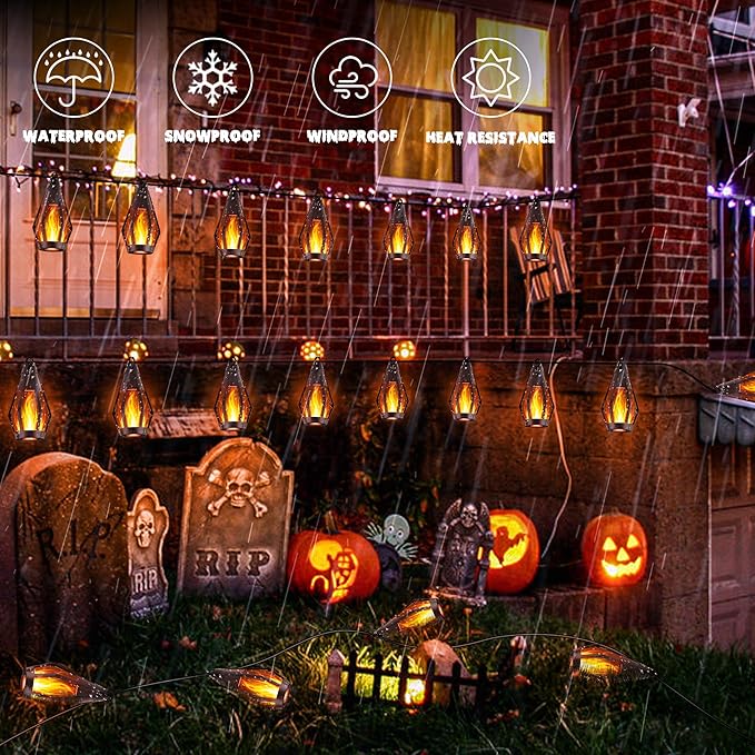 iBaycon Solar Halloween Lights, 27Ft 10 LED Bulbs Flickering Flame String Light, Outdoor Waterproof Solar Flame Lights for Garden Yard Patio Halloween Decorations (Warm White)