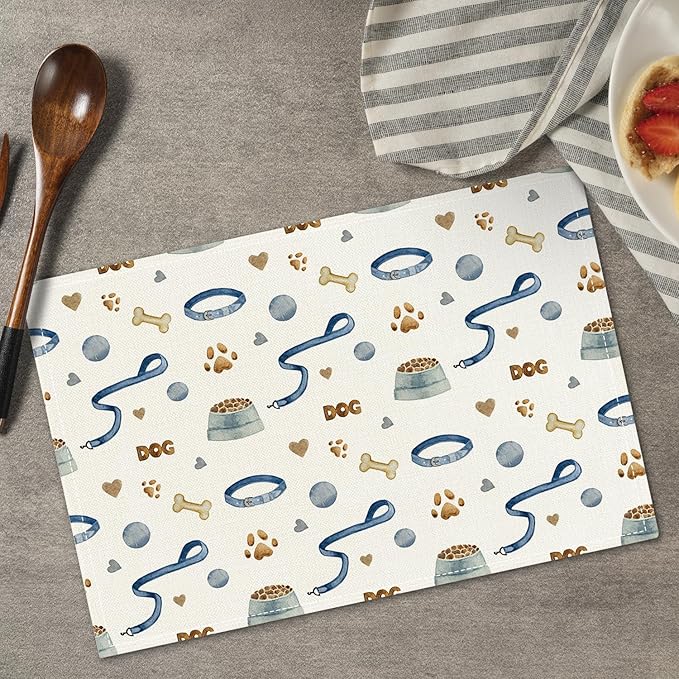 Dog Paw Print Placemats Set of 4, Puppy Pets Themed Table Mat for Home Kitchen, Restaurants, Outdoor Linen Washable Place Mats 12x18 inch Party Event Dining Decoration-08