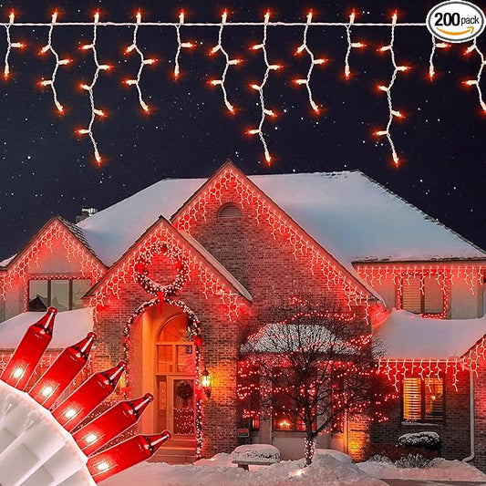 23FT 200Count Red Icicle Lights,White Wire Icicle Mini Lights Plug in with 40 Drops,Hanging Curtain Fairy String Light Connectable for Christmas Valentine's Day Halloween Party Decorations