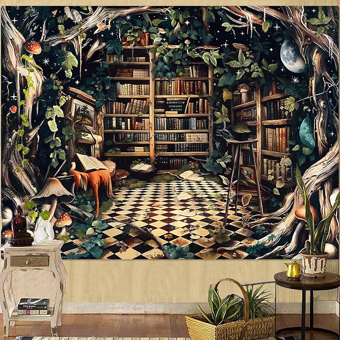 Accnicc Fantasy Forest Bookshelf Tapestry Witchy Fairy Tree Mushroom Retro Backdrop Tapestries Wall Hanging Vintage Library Book Tapestry for Bedroom Living Room Dorm 80 x 60 inch