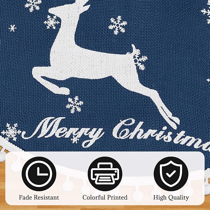30 Inch Christmas Tree Skirt, Burlap Blue Christmas Rustic Tree Skirt with Elk Deer and White Snowflake Printed for Holiday Party Xmas Tree Decoration