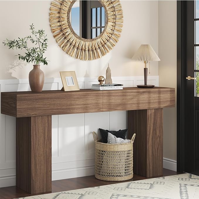 63 Inch Long Console Table for Entryway, Farmhouse Wood Rectangular Sofa Table Behind Couch Table, Narrow Entryway Table for Living Room, Entrance, Hallway, Foyer, Easy Assembly (Brown)