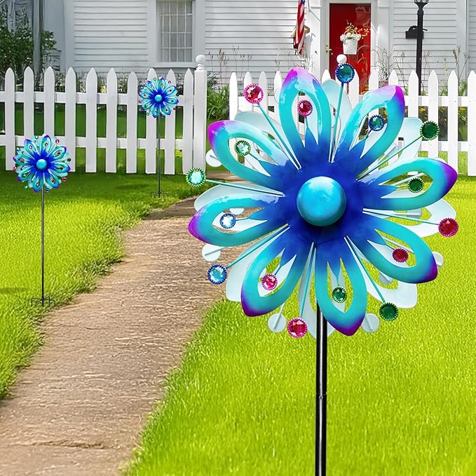 Solar Wind Spinners, 60.63" Outdoor Metal Stake Yard Wind Sculpture,Solar Powered Multi-Color LED Glass Ball with Kinetic Wind Spinners for Yard and Garden Lawn Patio Decor