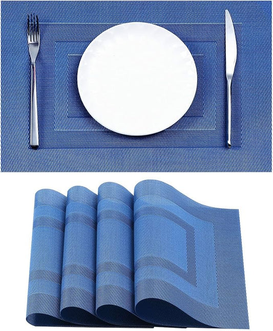 Leetaltree Blue Frame Placemats Set of 4 - Heat Resistant Non-Slip Place mats for Dining Table, Washable Durable PVC Vinyl Woven Table Mats（Blue Frame, 4）