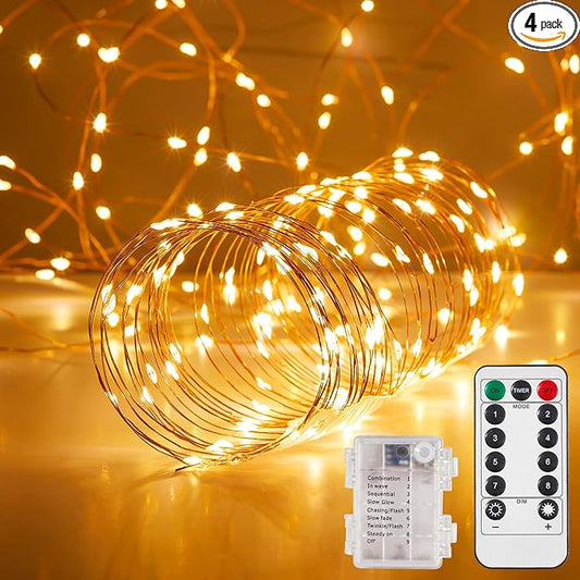 4 Pack 65.6 Ft. Battery Operated Outdoor String Lights with Remote & Timer, LED Warm White Fairy Lights, Waterproof Twinkle Lights for Bedroom, Dorm, Mason Jar, Wedding, Party, Christmas