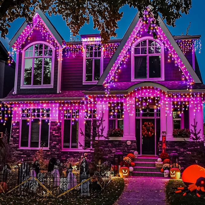 Orange and Purple Halloween Lights Outdoor Indoor, 33ft Icicle Lights for Outside 400 LED Twinkle Christmas Light with 75 Drops Clear Wire Short Curtain Light for House Party Tree Holiday Yard Decor