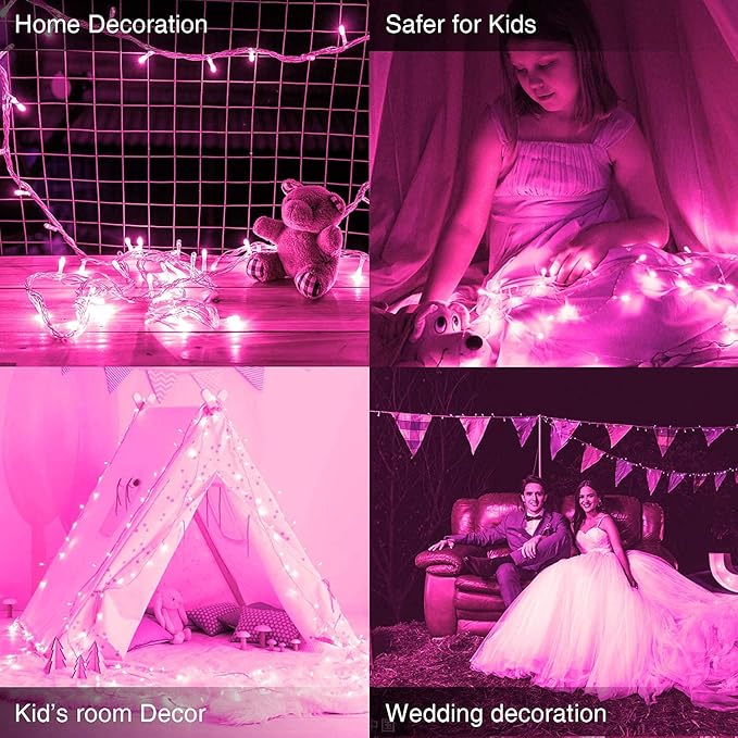 JMEXSUSS Connectable 100 LED Room Lights, 33ft 8 Modes Pink Christmas Lights Clear Wire, Plug in Pink String Lights Indoor Outdoor for Room Decor Christmas Tree Bedroom Valentines Party