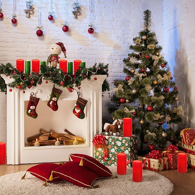 NURADA 8" x 4" Large Outdoor Flameless Candles - Waterproof LED Pillar Flickering Candle Battery Operated with Timer Remote Control for Patio Porch Christmas Decor - 2 Pack Red