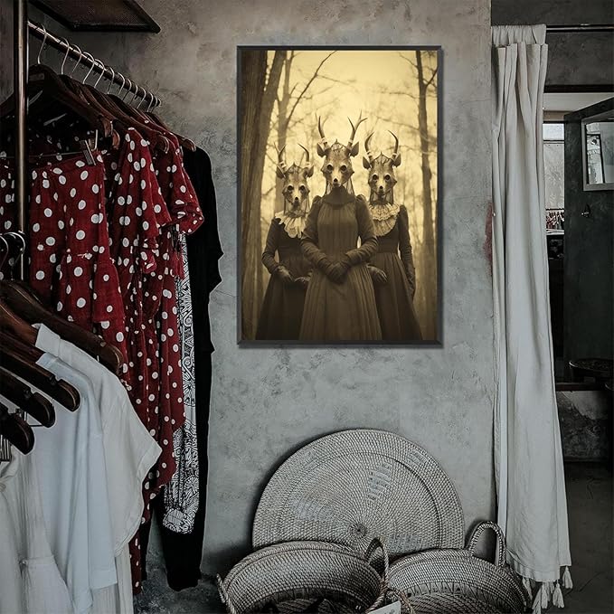 Vintage Horror Skeleton Spooky Three Skull In Occult Forest Posters Canvas Wall Art Poster Gothic Dark Academia Decor Creepy Print Retro Halloween Wall Decor 12X16inch Aluminum Framed