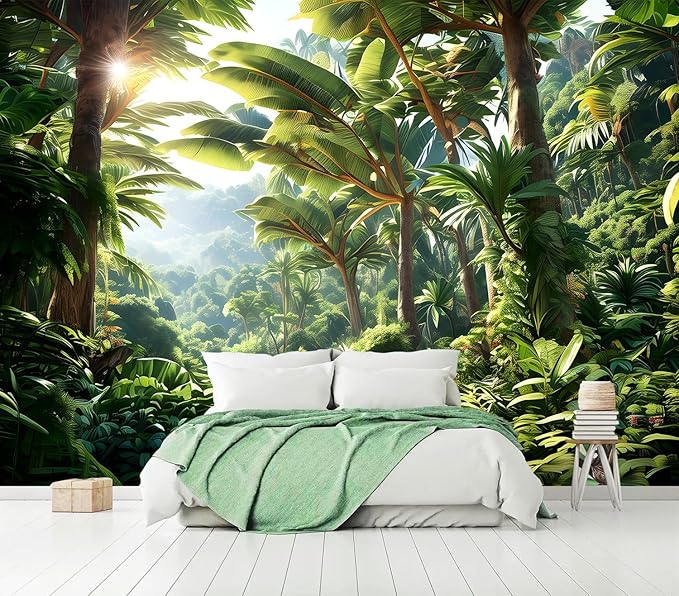 AFZEVEB-Green Tree Wall Mural Tropical Jungle Wallpaper for Bedroom 159"x107"(Not Peel and Stick)