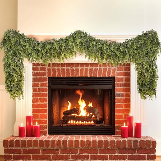 9FT Real Touch Cedar Garland for Fireplace - Artificial Christmas Garlands Realistic Faux Greenery Fake Pine Needles Garland for Holiday,Table, Window,Mantel,Stairs, Home,Indoor Outdoor Decor (2PCS)