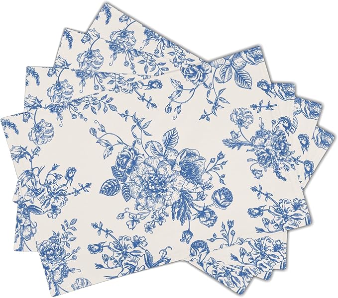 Blue Floral Placemats Set of 4 Vintage Flower Blue and Cream Washable Non-Slip Heat Resistant Place Mats 12x18 Inch Spring Summer Linen Table Mats for Kitchen Dining Party Decor