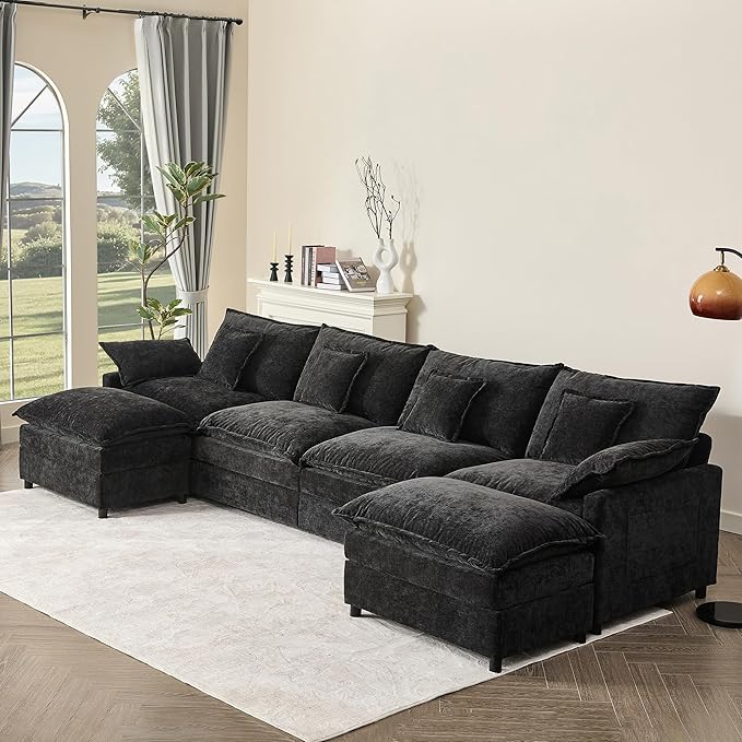142.5" U Shaped Couch, Modular Sectional Sofa, 3-Seater Comfy Cloud Couch with Movable Ottoman, Deep Seat Couches for Living Room, Chenille, Black