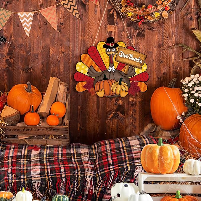 Thanksgiving Decoration Wooden Turkey Pumpkin Door Wreath for Front Door Sign Wall Signs, Thankful Blessed Grateful Pumpkin Sign Hanging for Fall Autumn Harvest Home Halloween Decoration