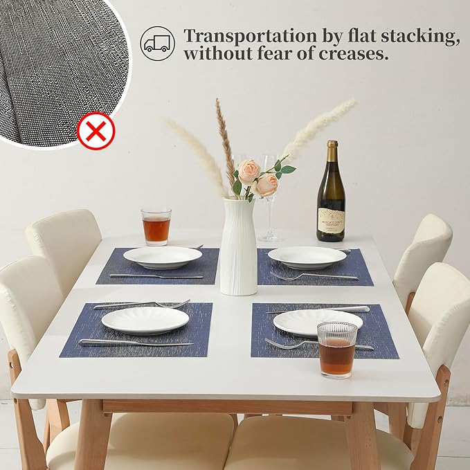 Leetaltree Denim Blue Placemats Set of 8 - Heat Resistant Non-Slip Place mats for Dining Table, Washable Durable PVC Vinyl Woven Table Mats（Denim Blue, 8）