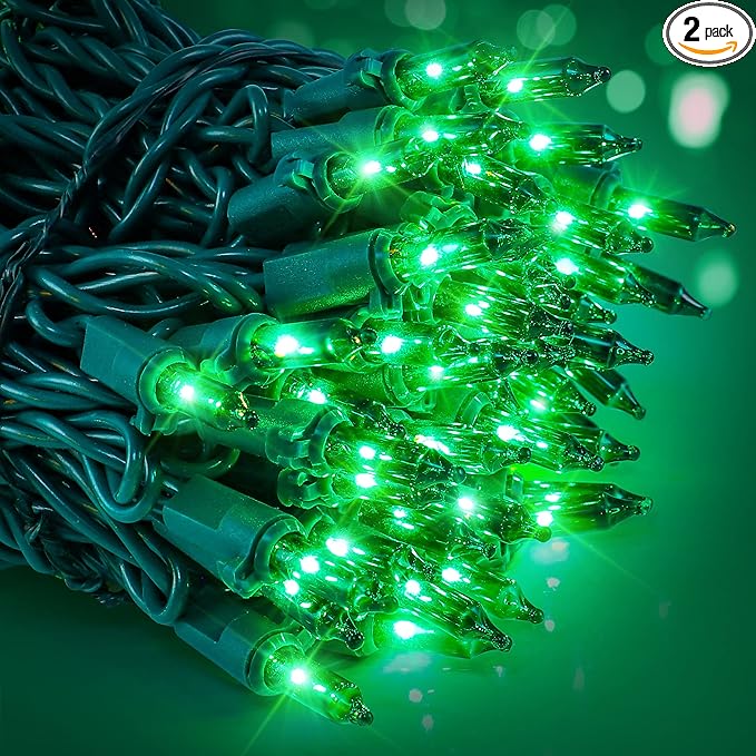 woohaha Christmas String Lights, 120V UL Certified 2PACK 50 Count Incandescent Clear Mini Green Wire Fairy Light, Xmas Tree Lights for St. Patrick's Day Patio Garden Outdoor Indoor, Green