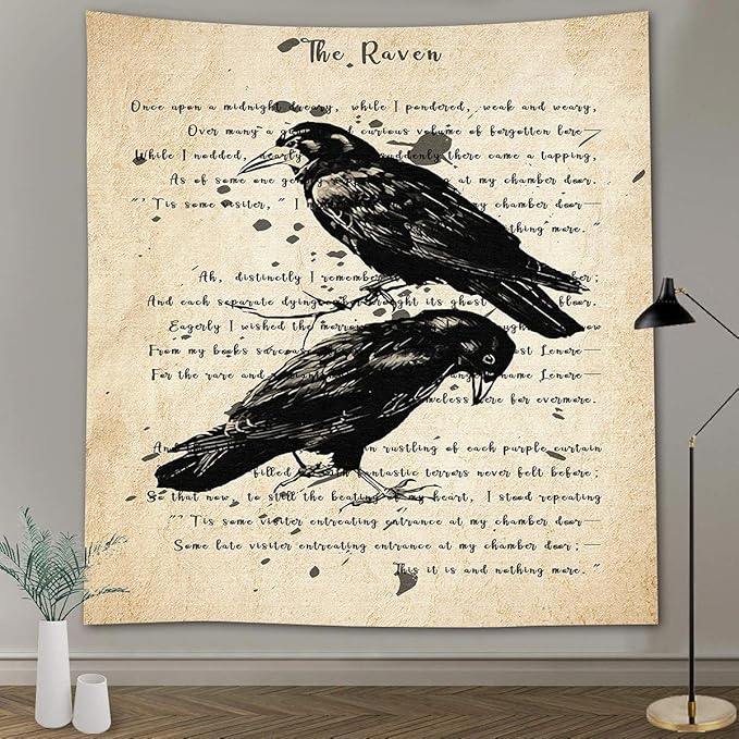 The Raven Wall Tapestry Nevermore Wall Decor Vintage Edgar Allan Poe Gothic Rustic Home Room Wall Hanging Tapestries 84x90 Inches for Living Room Bedroom Dorm GTQQAY1541