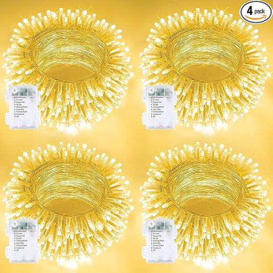 4 Pack String Lights Battery Operated with Timer, 132FT 400 LED Waterproof Battery Twinkle Lights, 8 Modes Fairy Light for Indoor Outdoor Party Bedroom Garland Tree Christmas Decorations (Warm White)
