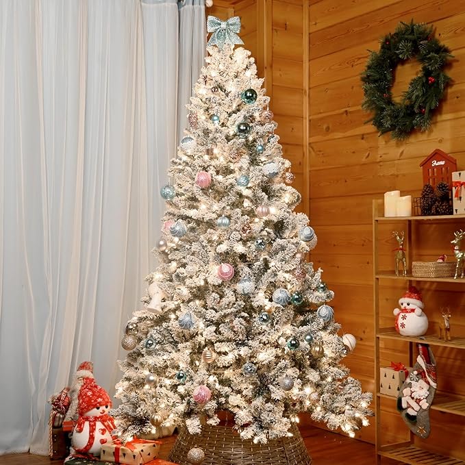 7.5 ft Prelit Flocked Christmas Tree, Lighted Full Christmas Tree with Pine Cones & 550 UL Lights, Snow Frosted Artificial Christmas Tree with Lights, Auto Hinged Xmas Tree for Holiday Décor