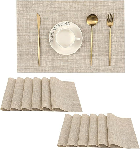 Leetaltree Beige Placemats Set of 12 - Heat Resistant Non-Slip Place mats for Dining Table, Washable Durable PVC Vinyl Woven Table Mats（Beige, 12）