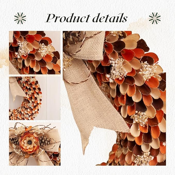 21" Fall Harvest Wood Curl Glitter Tipped Wreath - Premium Handcraft Fall Wreaths for Front Door | Perfect for Autumn & Thanksgiving Decor