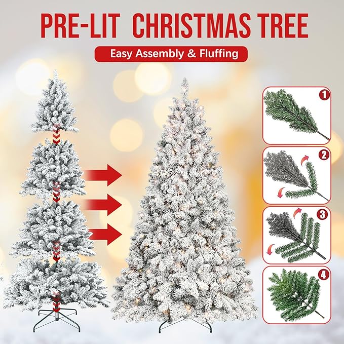 7.5 ft Prelit Flocked Christmas Tree, Lighted Full Christmas Tree with Pine Cones & 550 UL Lights, Snow Frosted Artificial Christmas Tree with Lights, Auto Hinged Xmas Tree for Holiday Décor