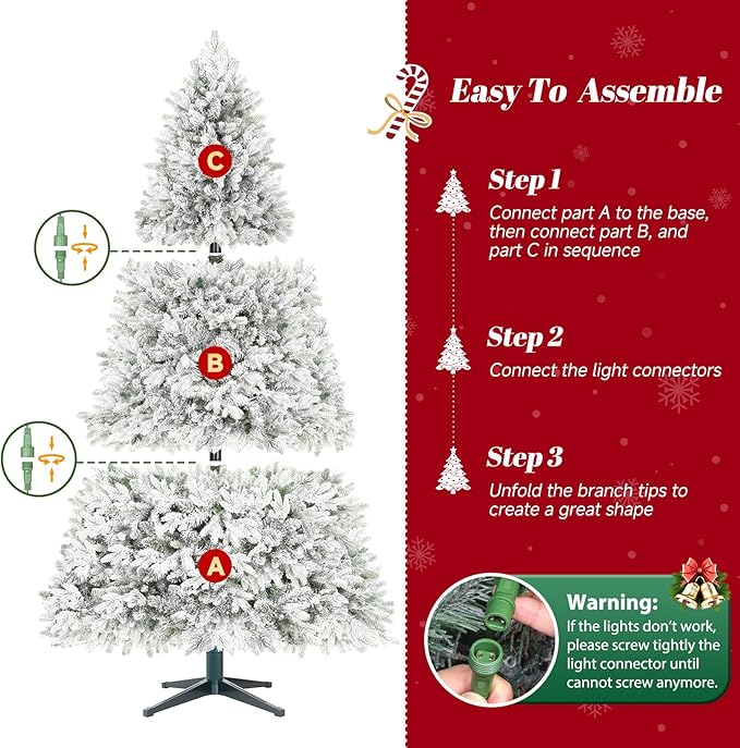 6.5FT Snow Flocked Pre-Lit Christmas Tree with 360° Rotating Base, 1036 PE/PVC Tips, 340 LED Lights, 8 Modes, Dimmable and Timer Functions, Musical Artificial Xmas Tree for Holiday Decor