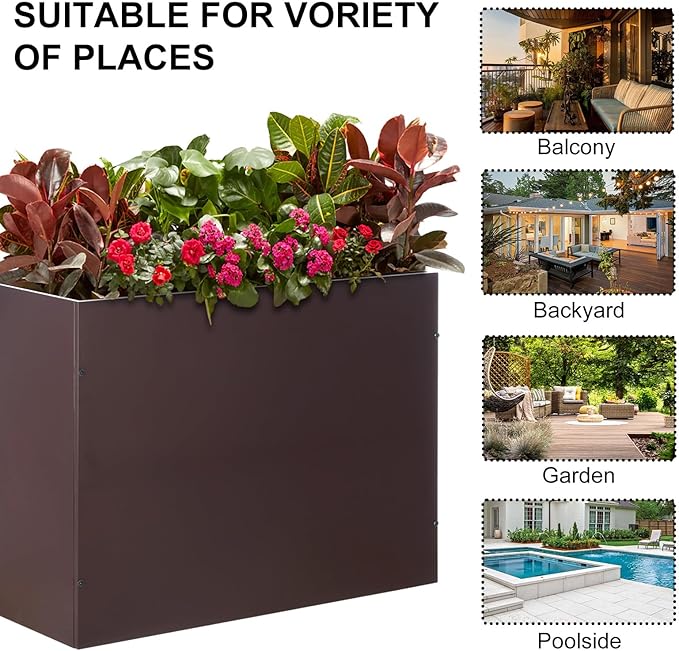 SUNNYPARK Large Metal Planter Box 32”x 12”x 24”, Rectangular Modern Brown Metal Planter Box Heavy Duty with Drainage Holes for Outdoor Garden Patio