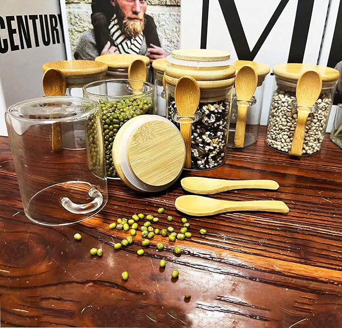 7.6 oz Airtight Mini Glass Jars with Bamboo Lids and Bamboo Spoons, Spice Jars Small Food Storage Containers for Kitchen, Bathroom, Home Decor Set of 8