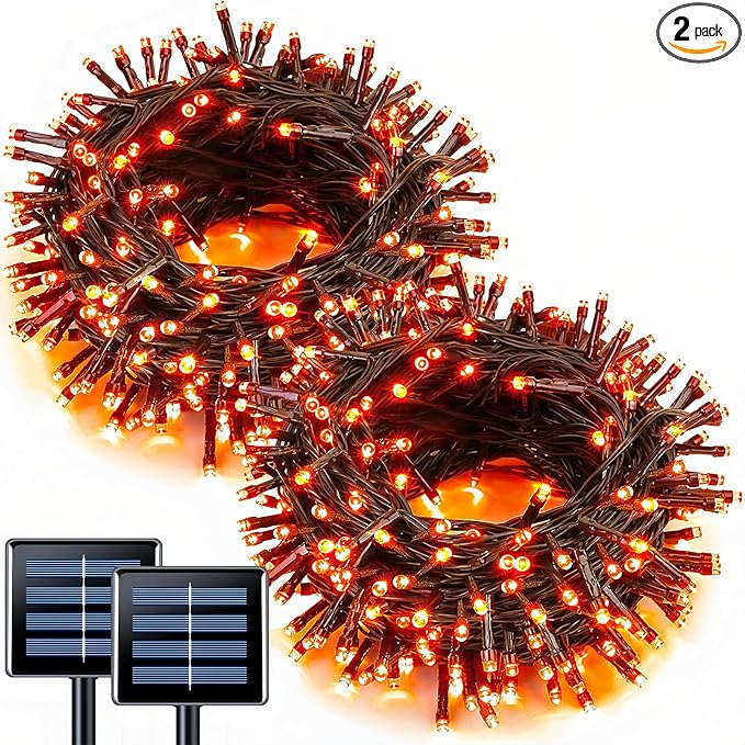 JMEXSUSS 2 Pack Orange Halloween Lights: 100 LED 33ft Solar Halloween Lights Outdoor Waterproof - 8 Modes Orange Solar Light for Christmas Outside Tree Gardens Fall Festival