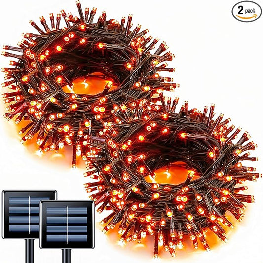 JMEXSUSS 2 Pack Orange Halloween Lights: 100 LED 33ft Solar Halloween Lights Outdoor Waterproof - 8 Modes Orange Solar Light for Christmas Outside Tree Gardens Fall Festival