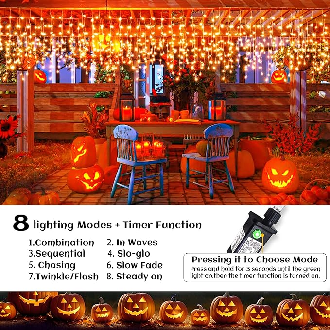 Orange Halloween Lights Outdoor Indoor, 66ft Icicle Lights for Outside, 640 LED Twinkle String Lights with 120 Drops Clear Wire Short Curtain Lights for Room Home Wall Bedroom Decor