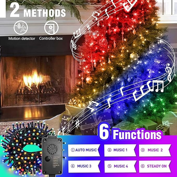 PEIDUO Christmas Lights with Music, Infrared Motion Sensor Controller with 6 Modes, Waterproof for Xmas Outdoor Garden Party Decor, Plug in, Multicolor Lights