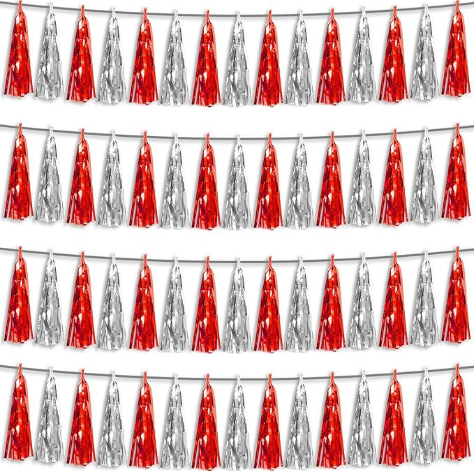 4P Red Silver Foil Fringe Metallic Tassel Streamers Banner Tassel Garland for Parade Floats, Graduation, Wedding, Birthday, Halloween, Christmas, Bridal/Baby Shower Party Decorations
