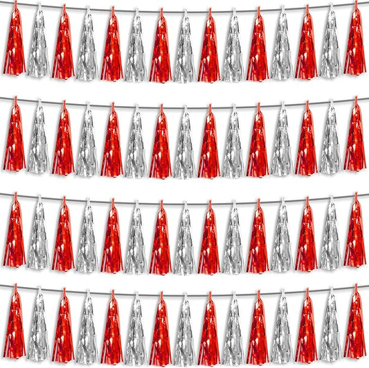 4P Red Silver Foil Fringe Metallic Tassel Streamers Banner Tassel Garland for Parade Floats, Graduation, Wedding, Birthday, Halloween, Christmas, Bridal/Baby Shower Party Decorations
