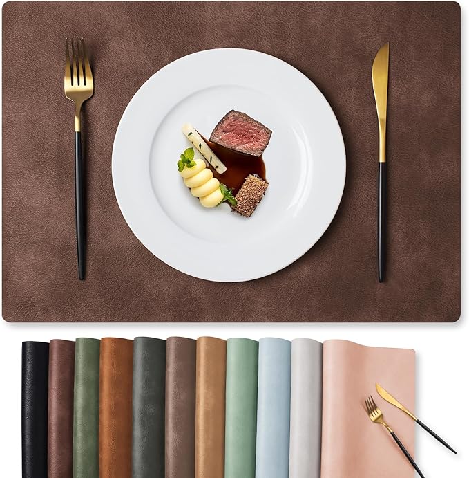 MOSAYT Vinyl Placemats Set of 8-12 X 17 Inch - Faux Leather 100% Waterproof Oil-Proof Wipeable PU Place Mats, Heat Resistant Reversible Table Mats for Kitchen, Dining, Outdoor (Coffee)