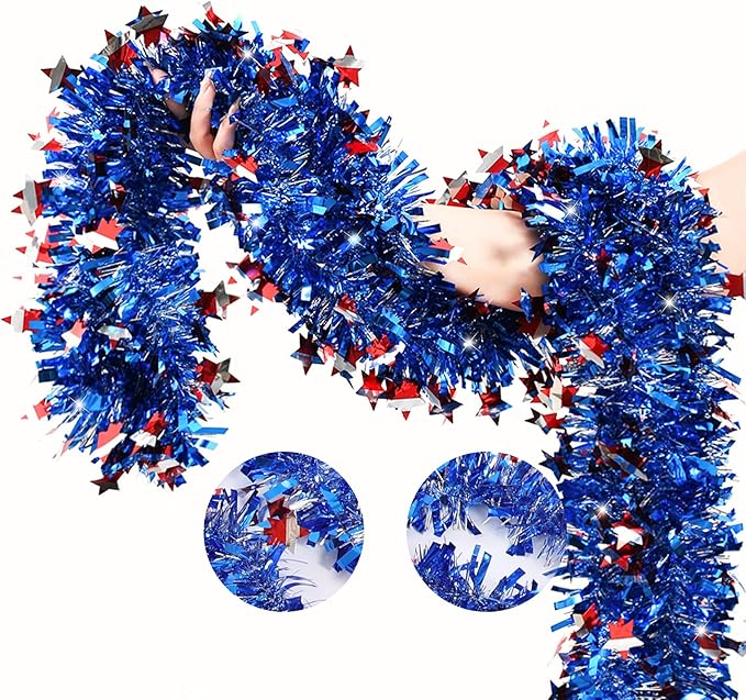4th of July Patriotic Tinsel Garland Decoration 33FT, Red White and Blue Tinsel Garland with Shiny Star Metallic Garlands,Independence Day Memorial Day Decor for Home Indoor Outdoor