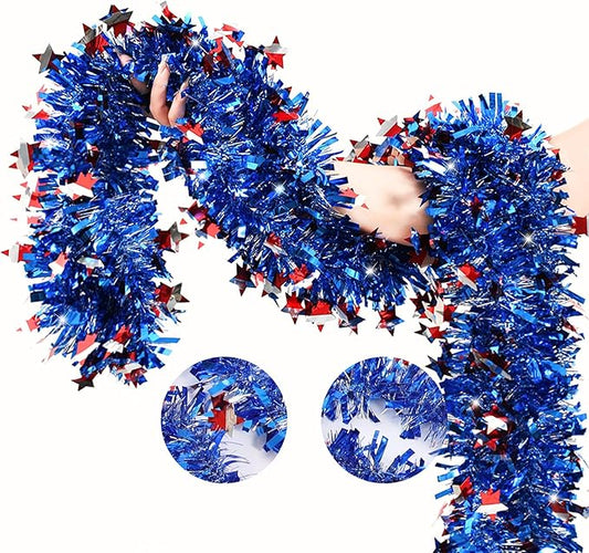 4th of July Patriotic Tinsel Garland Decoration 33FT, Red White and Blue Tinsel Garland with Shiny Star Metallic Garlands,Independence Day Memorial Day Decor for Home Indoor Outdoor