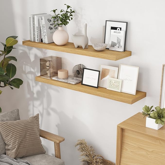 48 Inch Floating Shelves Set of 2, Rustic 48 x 9 Floating Shelf for Wall, 9 Inch Deep Bookshef Invisible Bracket, Wall-Mounted Deep Shelving for Bedroom, Kicten, Living Room, Oak Color