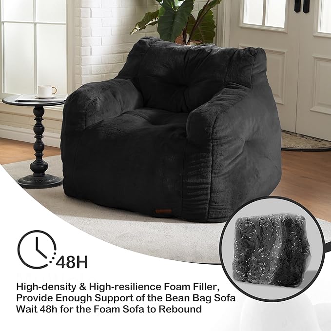 Hobestluk Bean Bag Chair for Adult Small Bean Bag Chairs with Arms Furry Beanbag Chair with Foam Filler Stuffed Bean Bag Sofa for Reading in Bedroom Living Room and Dorms (Black)