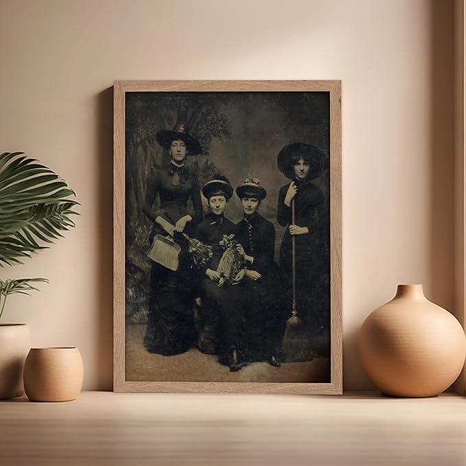 Poster Master Vintage Photograph Poster - Retro Halloween Print - Gift for Artist, Friend - Four Witches Wearing Robes, Sabbath, Coven, Sorcery - Wall Decor for Home, Office, 16x20 Beige Framed
