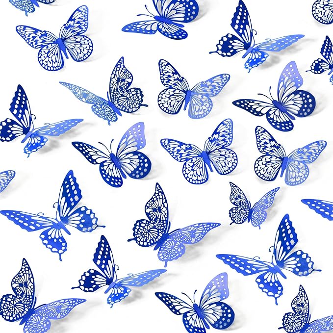 SAOROPEB Butterfly Wall Stickers, 48 Pcs 4 Styles 3 Sizes, Metallic Paper, Removable, Navy Blue, Art Deco Decor for Wall
